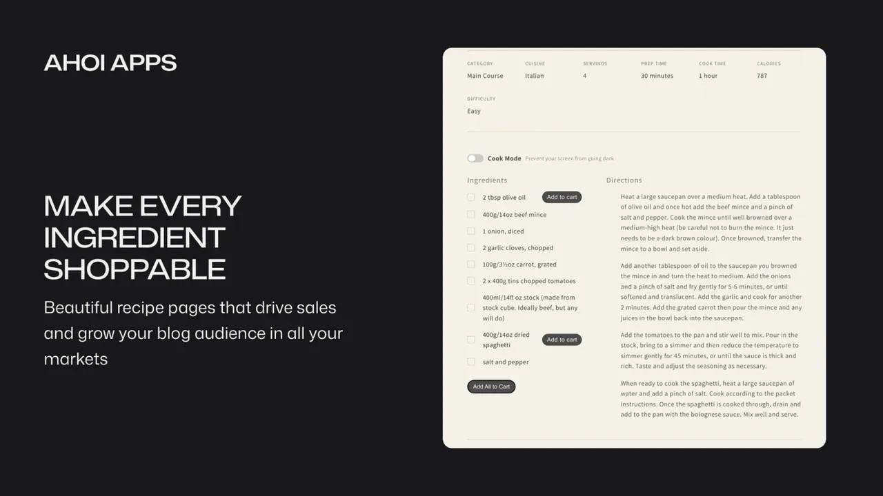 Recipe page with ingredients linked to Shopify products and add-to-cart buttons
